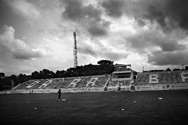 The Tofiq Ismayilov-stadium in the Surakhani-area of Baku during training practice. The stadium is a temporary rent from Azerbaijani top team Neftchi Baku. Photo: Dirk-Jan Visser, 2009.