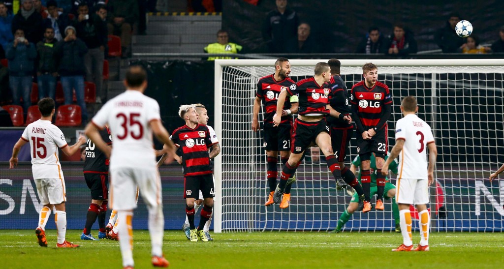 Pjanić converts a free-kick against Bayer Leverkusen - Image via abc