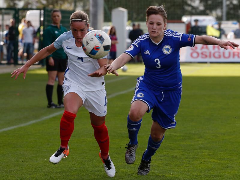 Women's football in the Balkans - Antonela Radeljic (R) of Bosnia during the UEFA Women's European Championship Qualifier match between Bosnia and Herzegovina and England at FF BIH Football Training Centre on April 12, 2016 in Zenica, Bosnia and Herzegovina. (Photo by Srdjan Stevanovic/Getty Images)
