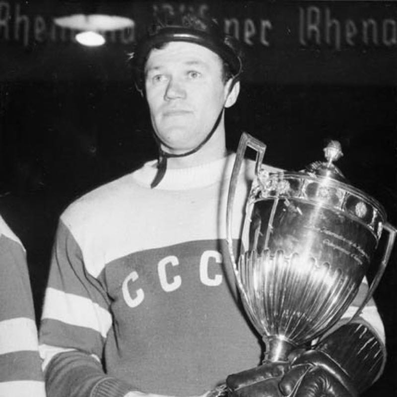 Vsevolod Bobrov with one of the countless trophies he won as part of the Soviet hockey program. 