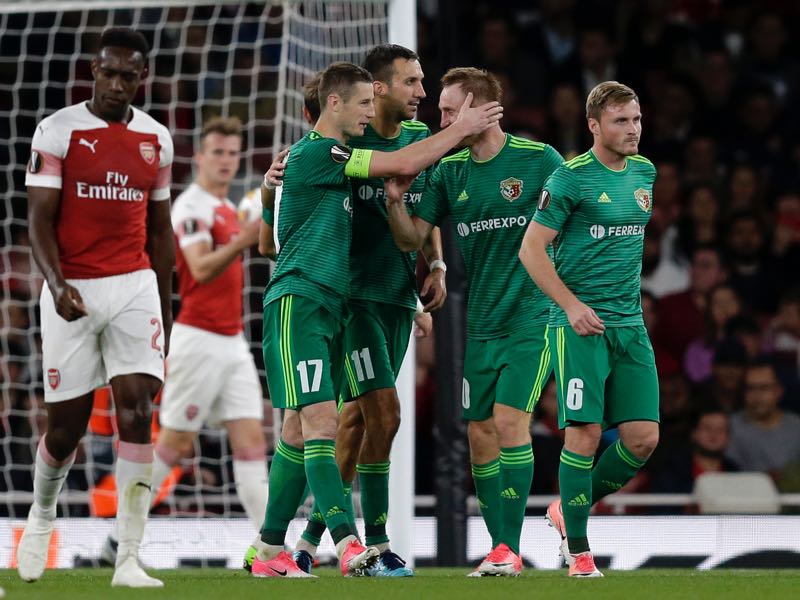 Volodymyr Chesnakov of Vorskla Poltava celebrates after scoring his team's first goal with his team mates during the UEFA Europa League Group E match between Arsenal and Vorskla Poltava at Emirates Stadium on September 20, 2018 in London, United Kingdom. (Photo by Henry Browne/Getty Images)