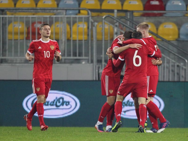 Bakaev Zelimkhan with his teammates of Russia U21 celebrates the team's second goal during the international friendly match between Italy U21 and Russia U21 on November 14, 2017 in Frosinone, Italy. (Photo by Paolo Bruno/Getty Images)